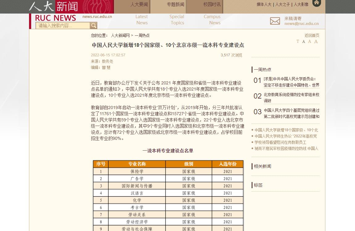 2022中國(guó)人民大學(xué)新增18個(gè)國(guó)家級(jí)、10個(gè)北京市級(jí)一流本科專業(yè)建設(shè)點(diǎn)